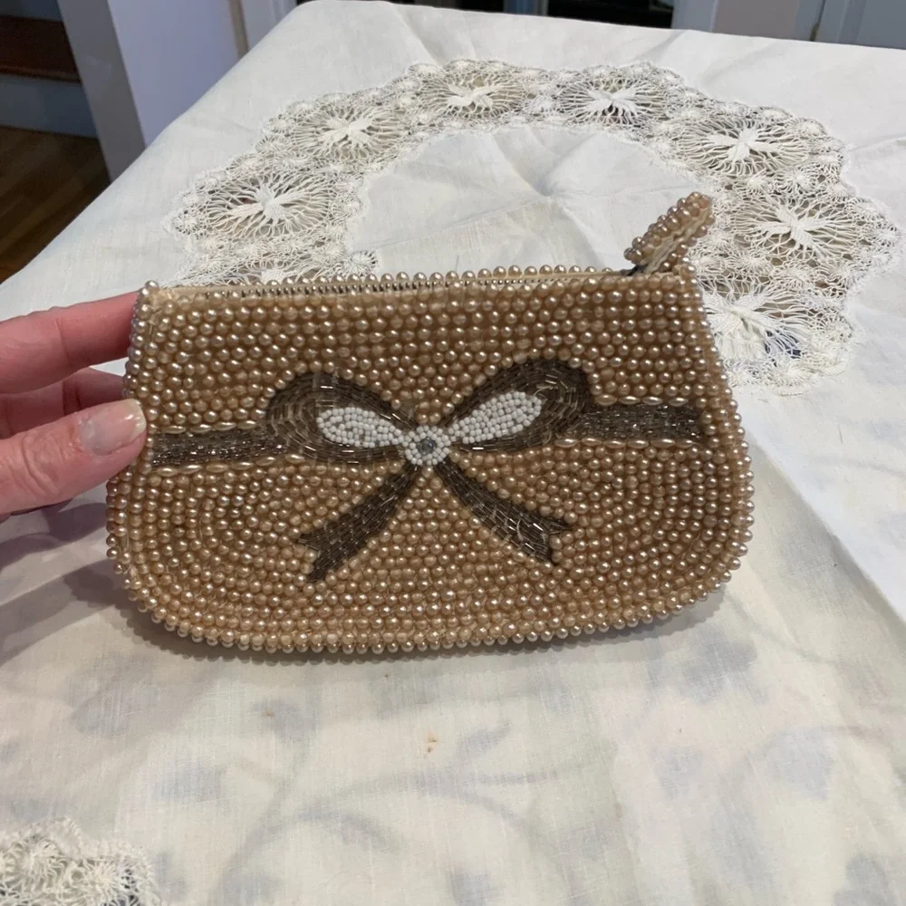 Vintage Pearl-Embellished Tan Clutch